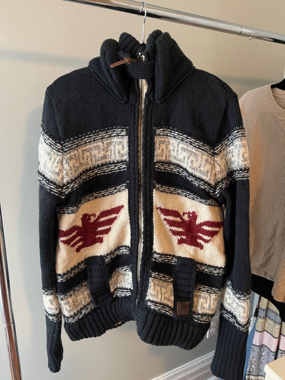 Superdry Vintage Black Zip-Up Knit Sweater with Cream Panels and Burgundy Motif